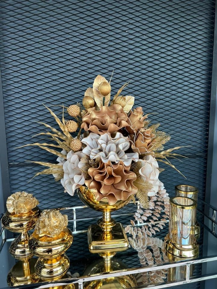 Yapay Çiçekli Gold Kare Ayak Vazo 5 Parça Set No:10
