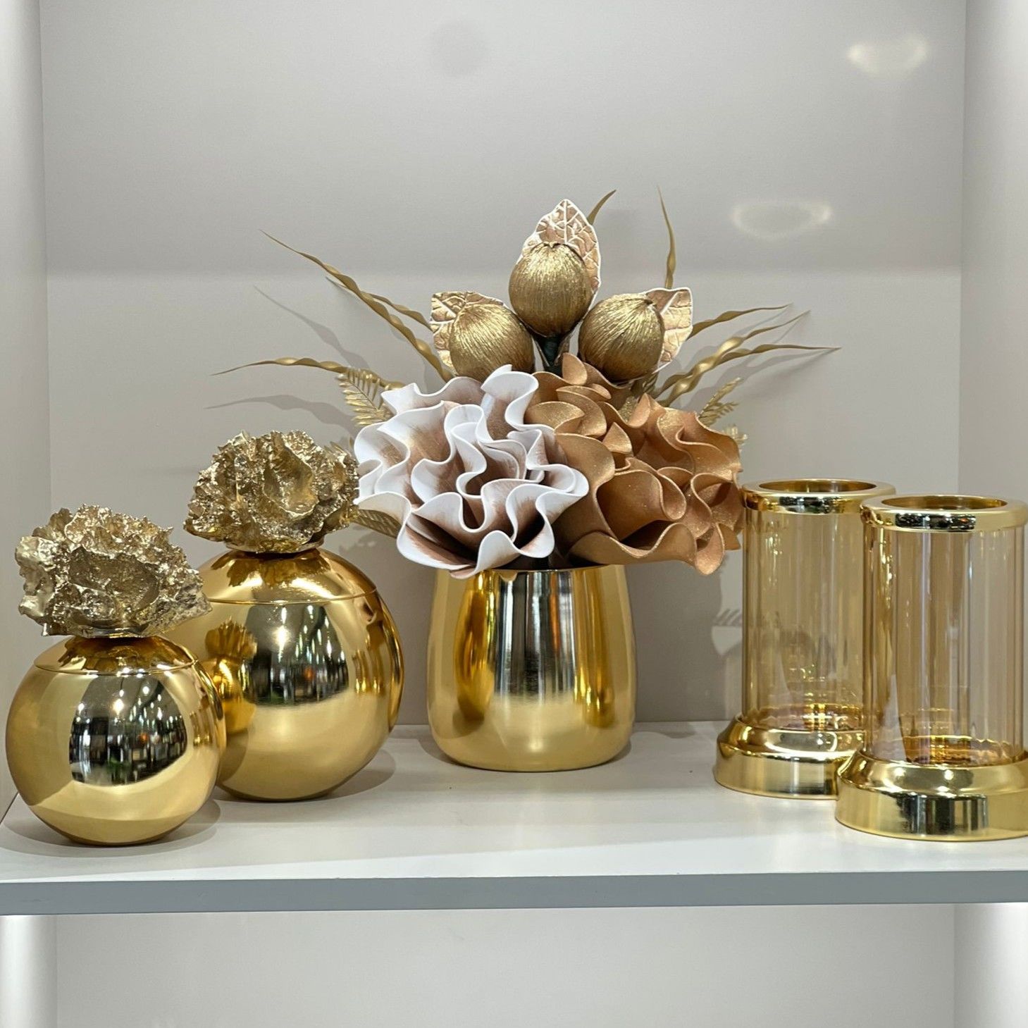 Yapay Çiçekli Gold Bardak Vazo 5 Parça Set No:2