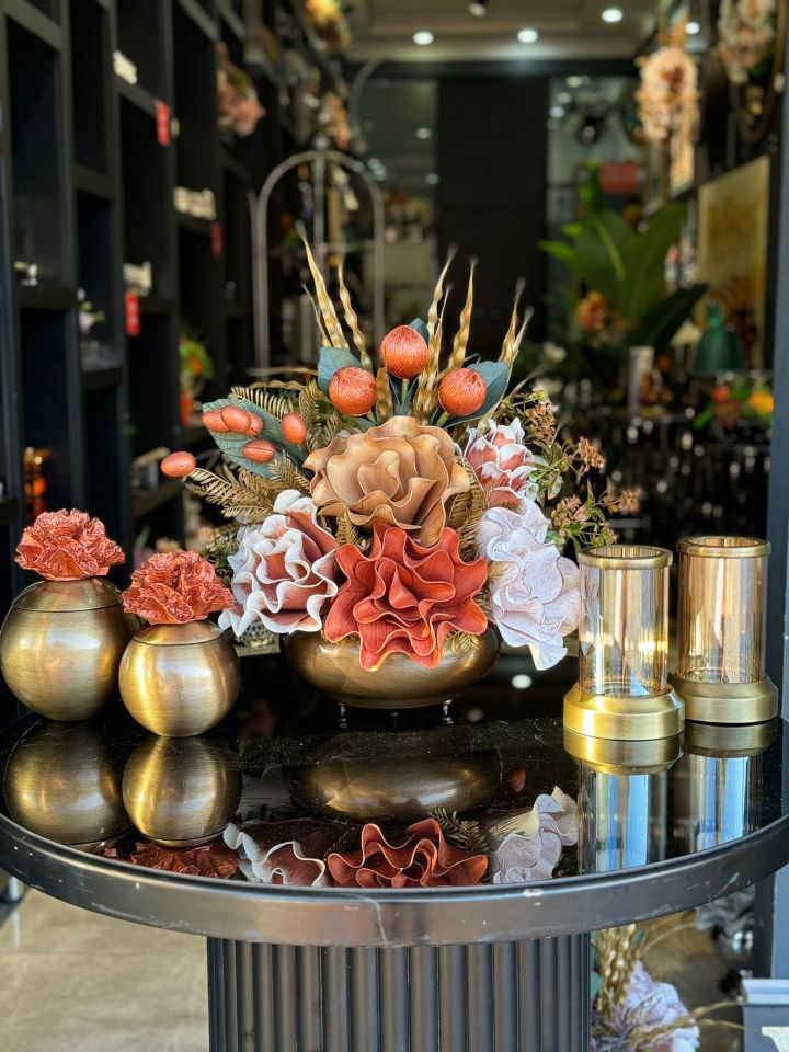 Yapay Çiçekli Antik Yassı Vazo 5 Parça Set No:4