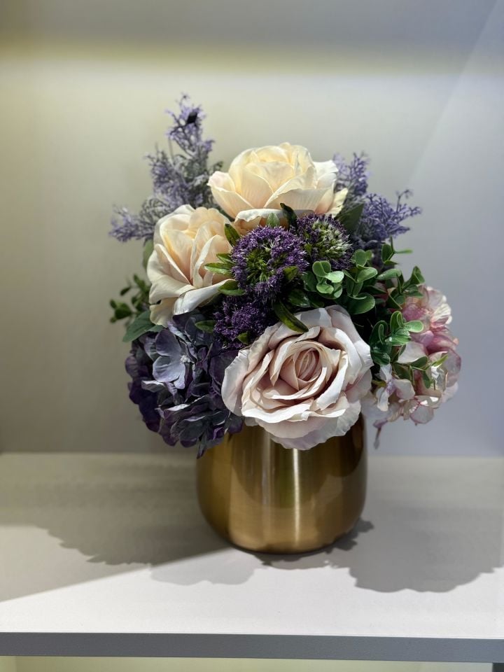 Yapay Güllü Antik Metal Vazo No:4