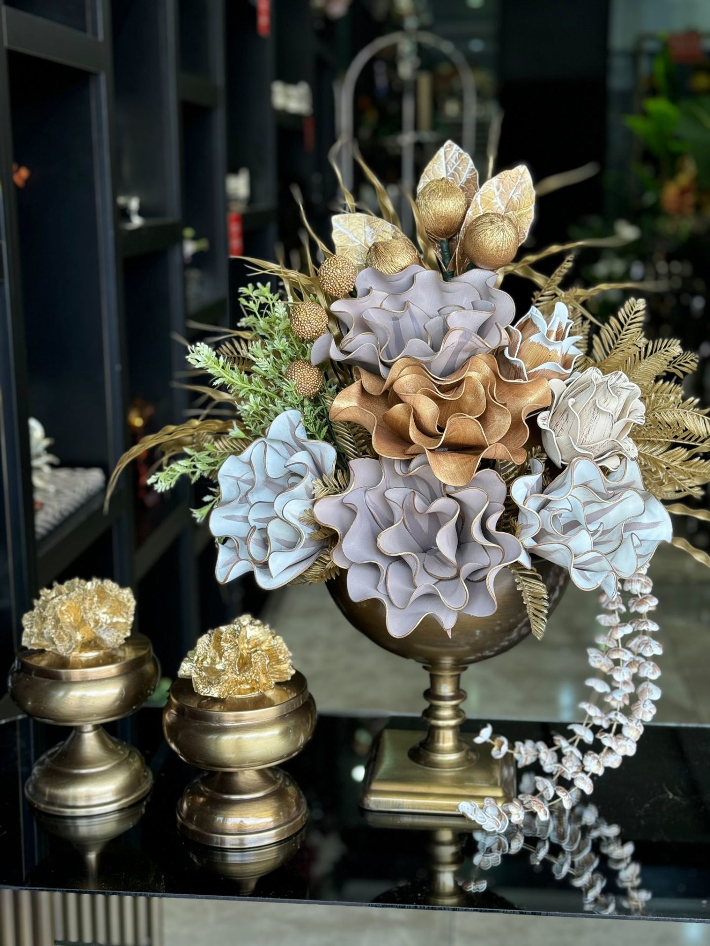 Yapay Çiçekli Antik Kare Ayak Vazo 3 Parça Set No:14