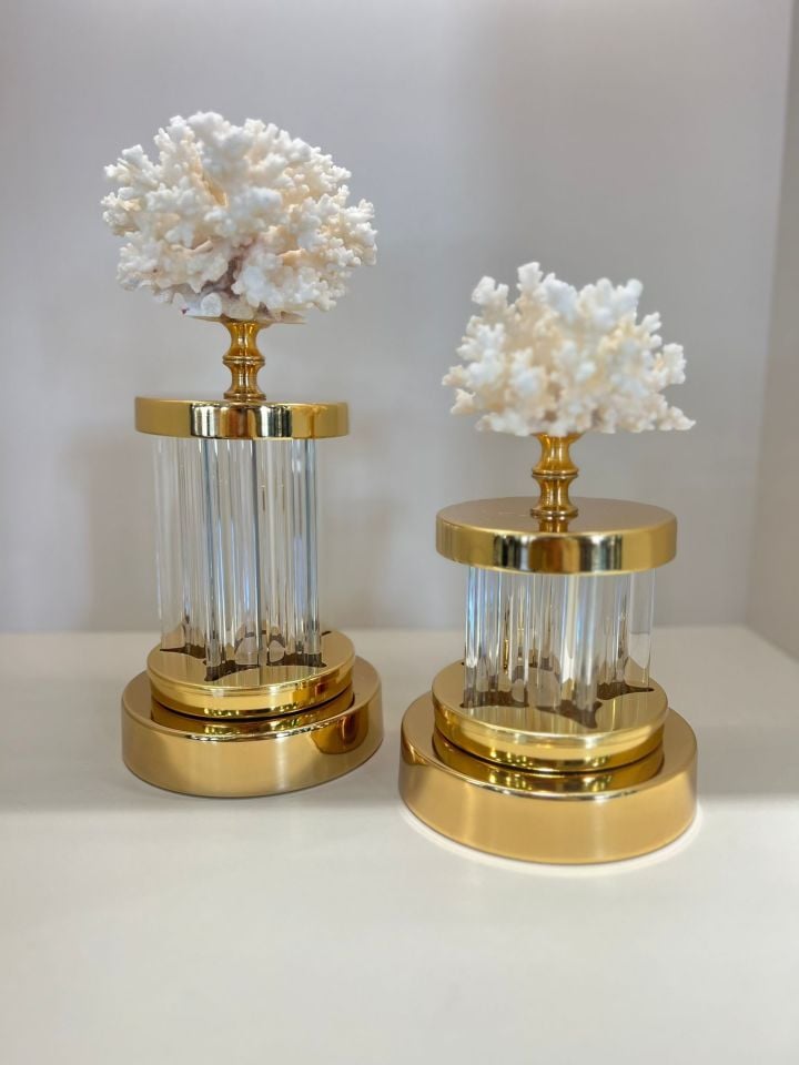 İkili Doğal Mercanlı Kristal Dekor Gold