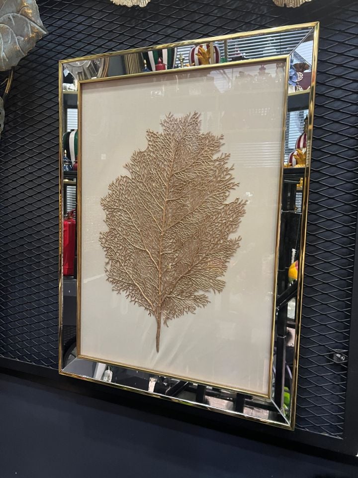 Ayna Çerçeveli Krem Zeminli Yaprak Tablo