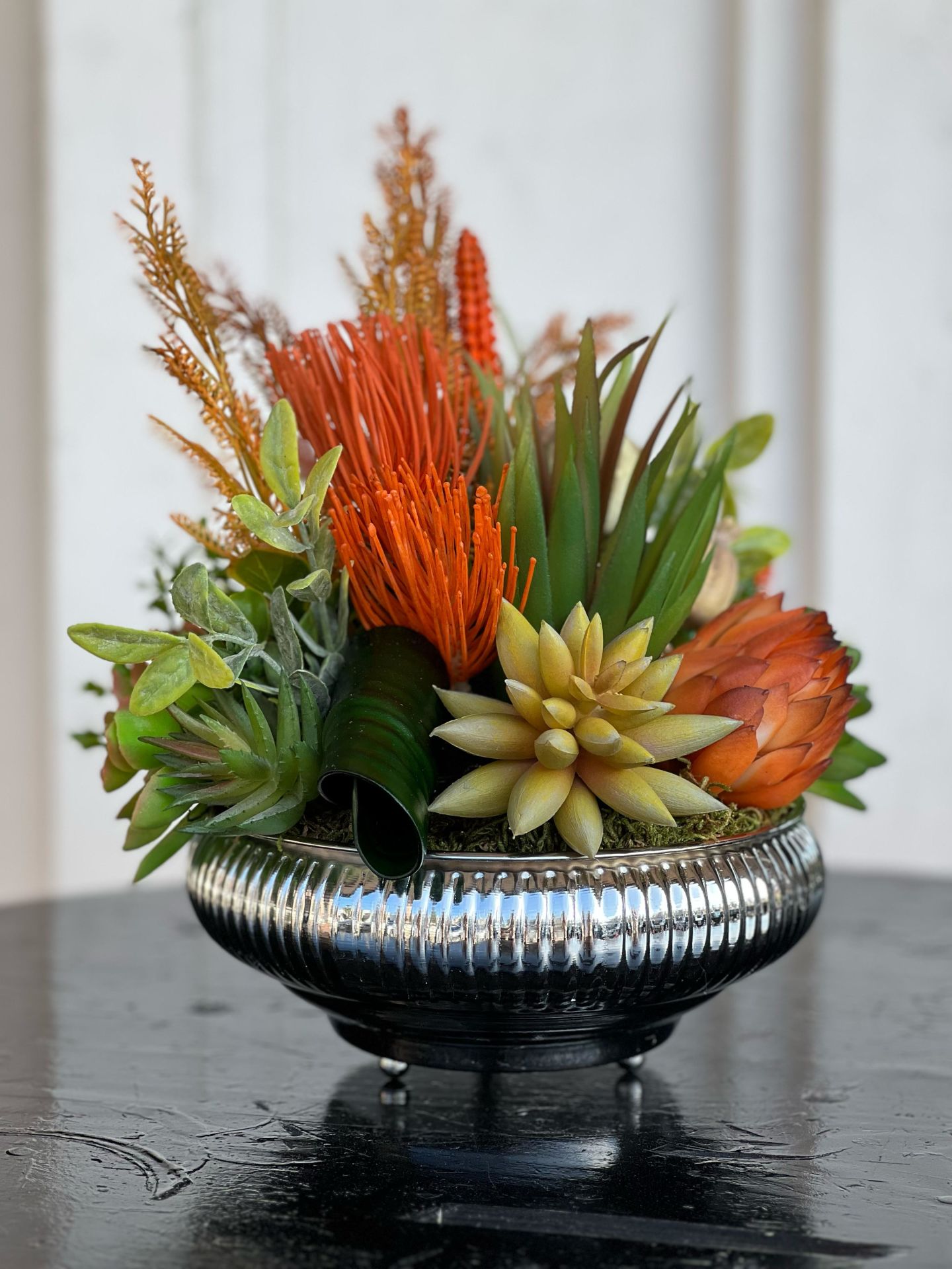 Yapay Sukulentli Küçük Boy Çizgili Yassı Vazo No:3