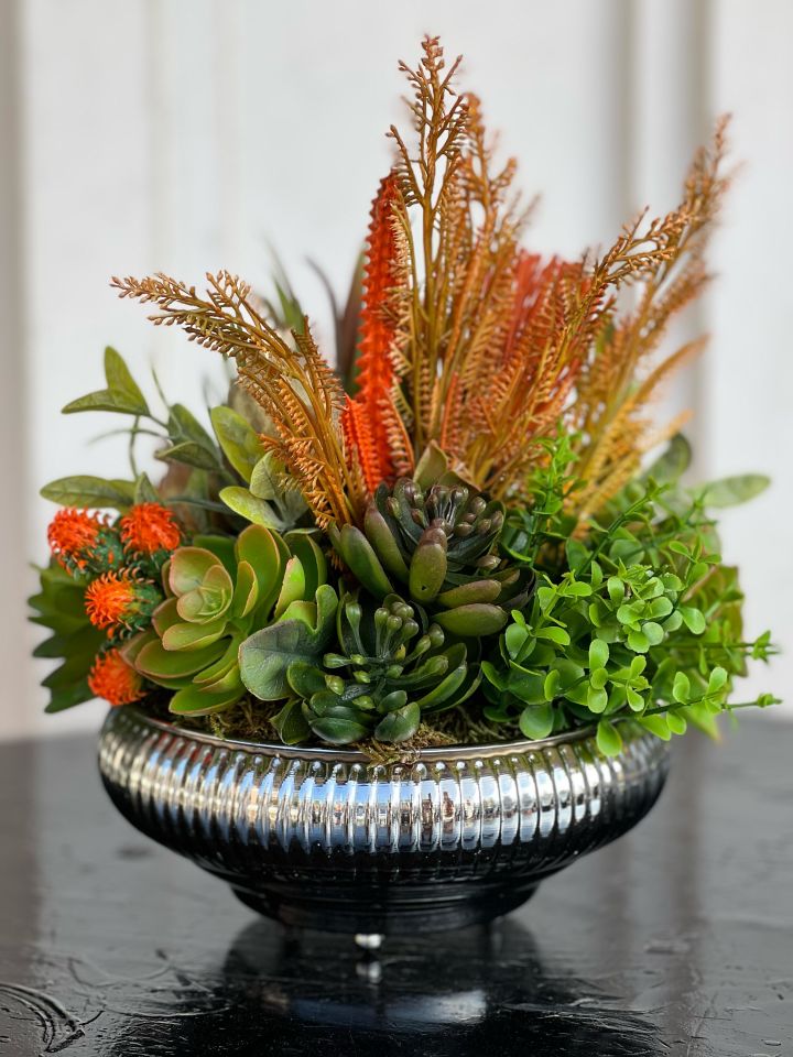 Yapay Sukulentli Küçük Boy Çizgili Yassı Vazo No:3