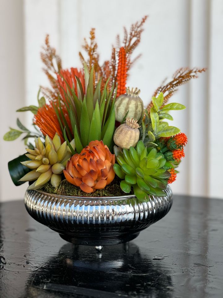 Yapay Sukulentli Küçük Boy Çizgili Yassı Vazo No:3