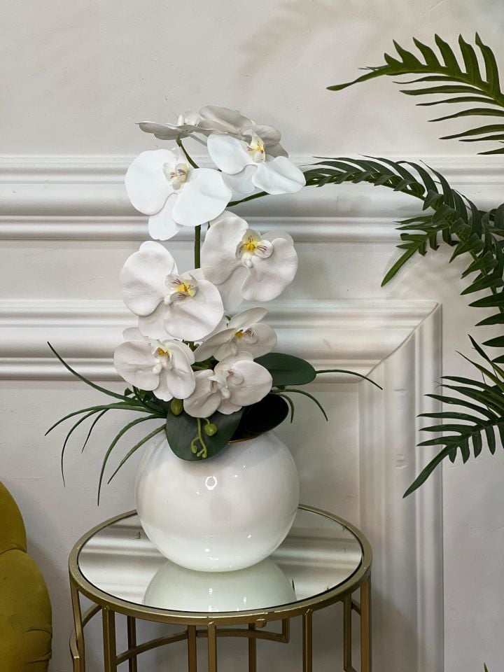 Yapay Orkideli Beyaz Cam Vazo