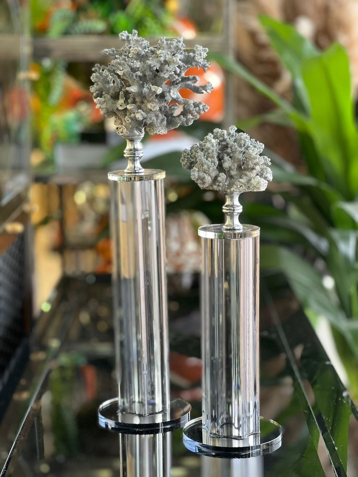 İkili Kristal Altıgen Sütunlu Mercan Obje Gri